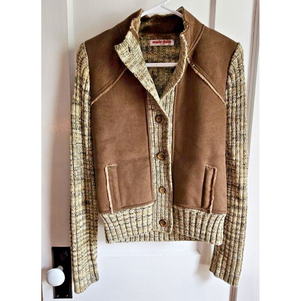Marie Claire Jacket faux suede leather front wool blend sweater jacket 36/Small